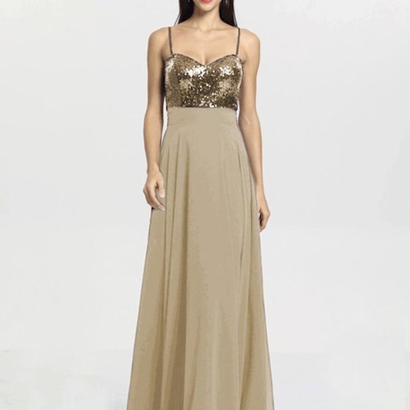 New Gold Sequin Champagne Dress, Aline Bridesmaid Formal Sparkle Gather and Gown - Picture 1 of 14